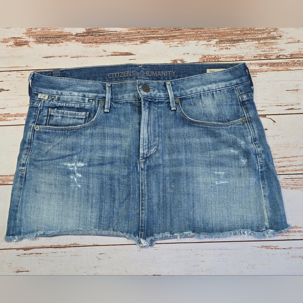Citizens of Humanity Daria Jean Mini Skirt Cotton A-line Raw Hem Whiskering 27